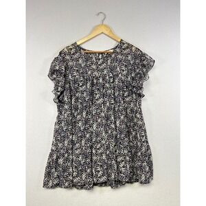 ChicSoul‎ Plus Size XL Floral Ruffle Sleeve Tiered Shirt Navy Pink White